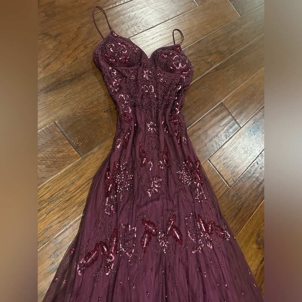 Adrianna Papell burgundy beaded prom dress
